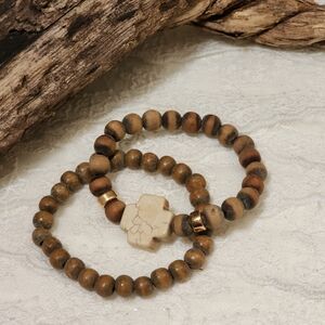 2 Vintage Religious Stretch Bracelets with Wooden Beads